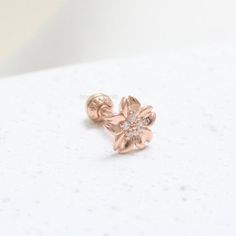 14K 18K Solid Gold Genuine Natural Diamond Accent Flower Ear Stud, Cartilage, Tragus, Helix, Conch, Rose Gold 14k Flower Earrings For Wedding, Wedding Rose Gold Cartilage Earrings, Cherry Blossom Flower, Flower Ear, Lobe Piercing, Gauged Earrings, Tiny Earrings, Plugs Earrings, Ear Stud