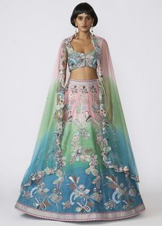 Kinfolk aurora ombre applique embellished raw silk lehenga, blouse & tulle dupatta. Fusion Style Festive Silk Lehenga, Embellished Multicolor Anarkali Set, Hand Embellished Silk Anarkali Lehenga, Silk Anarkali Lehenga Hand Embellished, Designer Fusion Lehenga With Traditional Drape, Anarkali Style Silk Lehenga Hand Embellished, Designer Fusion Choli With Dupatta, Festive Fusion Style Dresses With Dupatta, Festive Fusion Dress With Dupatta