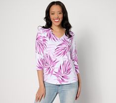 A tropical print adds a splash of summer to this lovely V-neck top. It's ideal for vacations or everyday errands. From Denim & Co.® Fashions. Printed Jersey, Tropical Print, V Neck Tops, Length Sleeve, Sleeve Top, Top Blouse, Tops & Tees, V Neck, Knitting