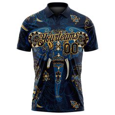 Custom Navy Old Gold 3D Pattern Design Elephant Performance Golf Polo Shirt 3d Pattern Design, Navy Polo Shirt, Blue Football, 3d Pattern, Sleeveless Crop Top, Golf Polo Shirts, Golf Polo, Mens Polo Shirts, Button Placket