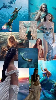 a collage of photos with mermaids and dolphins in the water, including one woman wearing