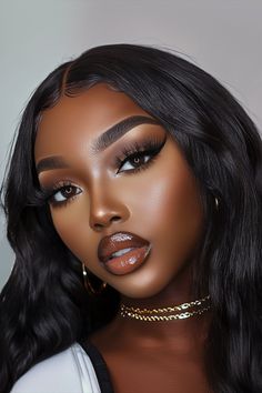 Think flawless skin, bold brows, glossy lips, and a touch of highlighter for that glow.  #SoftBaddie #GlowUp #FlawlessMakeup #BaddieVibes #EffortlessGlam Natural Glam Makeup Looks For Brown Eyes, Make Up For, Baddie Makeup Black Women, Red Birthday Makeup, Snatched Makeup Looks, Makeup With Red Lipstick Black Women, Dark Vampy Makeup, Makeup Inspo Black Women, Glam Birthday Makeup Looks