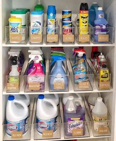 a refrigerator filled with lots of different types of cleaning products and detergent on shelves