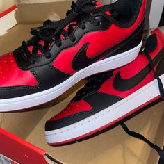 New Nike Court Borough Low Recraft Size 7 In Women’s Red Black Nike Shoes, Nike Court Borough Low Black And Red, Black Leather Skate Shoes With Red Sole, Kiss Songs, Birthday Outfit For Teens, Red Nike Shoes, Nike Signs, Nike Court Borough Low, Nike Court Borough