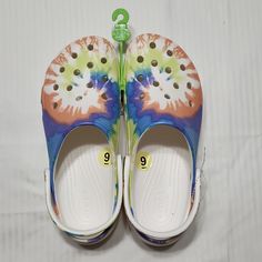 New Crocs, Women's Size 9, Multi Colors, Green And White, Iconic Crocs Comfort White Non-slip Clogs For Spring, Non-slip White Clogs For Spring, White Flat Clogs For Beach, White Flat Clogs For The Beach, White Flat Clogs For Summer, Casual Multicolor Clogs For Summer, Casual Multicolor Summer Clogs, Multicolor Round Toe Clogs For Beach, Multicolor Slip-on Clogs For Spring