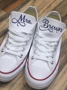 Embroidered SneakersGetting Married?  What a great idea. This listing is for Mrs or Mrs shoe with date on the side !  I will use red hearts in the date unless you specify something else.Other options available in my shop!!Wear these at your reception so your feet don't hurt. You can do white to match your dress or coordinate with your bridal party. You can even get each person in your bridal party a pair. What a great gift !!Hi tops available for an additional fee! Please order through this link Custom White Lace-up Sneakers With Embroidered Logo, White Custom Lace-up Sneakers With Embroidered Logo, White Casual Sneakers For Wedding, White Casual Wedding Sneakers, Customizable Low-top Sneakers For Anniversary, Groom Shoes Wedding, Converse Wedding Shoes, Embroidered Sneakers, Wedding Converse