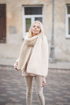 "SIZE: One size - length 78\", width 15'7\" (200 cm x 40 cm) Color: Ivory  and many more Please note that there might be some colors discrepancies due to the different monitor settings. You can ware this scarf all year round: in winter it will warm you up in cold indoor environments, during the fall it will be stylish addition to a leather jacket and will protect you if you ever forget your hat; in summer this will be a great accessory to your light dresses to protect you from the evening breezes. DETAILS 50% mohair wool, 20% wool, 30% acrylic Model is 5,7\" (175 cm)  HANDMADE. Every item is handmade and takes approximately from 1 to 3 weeks to make, that is why every one is unique as yourself." Hand Knitted Beige Shawl For Winter, Hand Knitted Beige Winter Shawl, Handmade Cream Shawl For Winter, Cream Hand Knitted Shawl For Winter, Winter Cream Hand Knitted Shawl, Light Dresses, Cozy Things, Woman Sweater, Fall Winter Trends