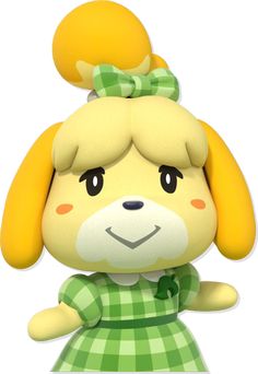 a stuffed animal with a green dress and bow on it's head, sitting in front of a white background