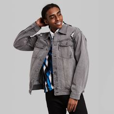 Mens denim jacket with a collar and front button closure. It sports two front single welt pockets with button closure and defined stitching along the seams. A gray hue and distressed fabric complete the look. If you’re not satisfied with any Target Owned Brand item, return it within one year with a receipt for an exchange or a refund. Gray Denim Outerwear, Urban Gray Denim Outerwear, Gray Cotton Denim Jacket For Streetwear, Gray Denim Jacket For Fall Streetwear, Fall Gray Denim Jacket For Streetwear, Gray Button Closure Outerwear For Streetwear, Gray Outerwear With Button Closure For Streetwear, Urban Gray Denim Jacket For Streetwear, Mens Denim Jacket