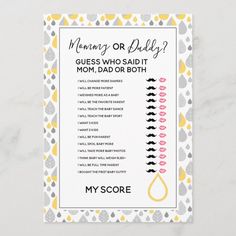 a baby's guess game card with the words mommy or baby? on it