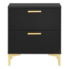 a black and gold nightstand with two drawers on it's sides, one drawer open