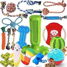 various toys and accessories are shown in this image, including an exercise ball, rope, dog toy