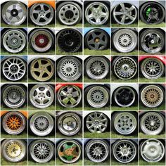 many different types of wheels and rims are shown in this collage, including one with