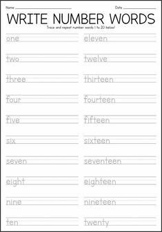 a printable worksheet for writing numbers and words with the word's names