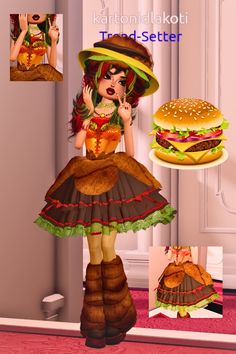 a woman in a dress and hat standing next to a hamburger on a plate with other pictures