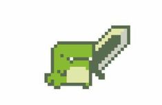 an image of a pixelated green creature with a knife in it's mouth