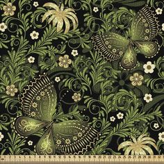 an abstract floral pattern with butterflies and flowers in green, gold and white colors on a black background