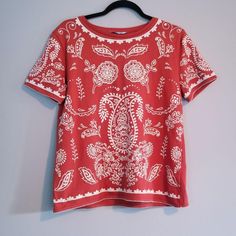 Size: Medium Brand: Zara Trafaluc Condition: Brand New - Dark Orange - Slightly Cropped Tshirt - Paisley Print On The From And Sleeves - Cotton Cotton Paisley Print Patterned Tops, Casual Cotton Tops With Paisley Print, Red Paisley Print Summer Top, Spring Cotton Paisley Print Tops, Spring Cotton Tops With Paisley Print, Bohemian Short Sleeve Paisley Print Tops, Red Paisley Print Cotton Top, Paisley Print Patterned Short Sleeve Blouse, Patterned Paisley Print Short Sleeve Blouse