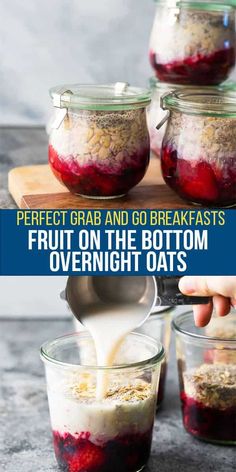 the ingredients for overnight oatmeal are being poured into small glass bowls