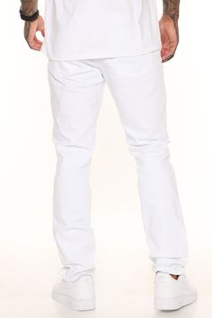 Available In White. 5 Pocket-Style Zip Fly Slim Fit Classic Clean Finish 32" Inseam 98% Cotton 2% Spandex Imported | Mens Cornell Slim Jeans in White size 32 by Fashion Nova White Slim Fit Trousers, White Slim Fit Straight Leg Pants, White Slim Fit Straight Leg Bottoms, Slim Fit White Cotton Bottoms, White Slim Fit Cotton Bottoms, White Straight Fit Bottoms With Five Pockets, White Cotton Slim Fit Bottoms, White Straight Leg Elastane Jeans, Casual White Slim Fit Bottoms