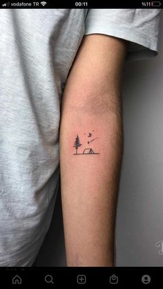 50 Best Small Travel Tattoos Ideas That Will Inspire Inner Wanderers Cute Nature Tattoos Simple, Nature Inspired Minimalist Tattoos, Night Sky Tattoo Minimalist, Nature Tattoos Small Simple, Out Of The Box Tattoo Ideas, Matching Camping Tattoo, Small Hiking Tattoo, Small Lake Tattoo Ideas, Moutain Tattoos Simple