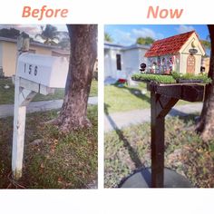 before and after photos of a mailbox in front of a tree