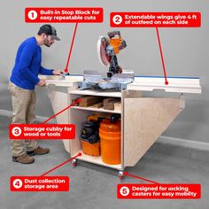 a man is working with tools in his workbench and labeled instructions on how to use the table saw