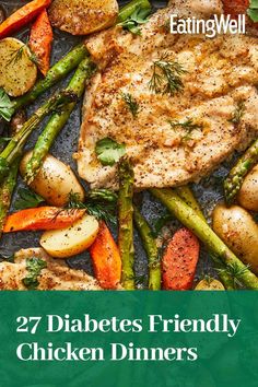 the cover of eating well magazine features chicken, asparagus and carrots