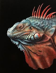 an iguana with red spikes on it's head is shown in this painting