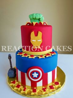 this is a birthday cake made to look like captain america and iron man on top