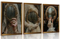 three paintings of women holding mirrors in their hands