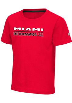 Get your future Redhawks fan ready for the tailgate in this Miami RedHawks Toddler Red Short Sleeve Tee. This Miami of Ohio Tee features a rubberized print team graphic on center chest. Red Sports Team T-shirt, Red Sports T-shirt With Team Name, Red Moisture-wicking Top For College, Red Tops With Team Logo For Fans, Collegiate Red Tops With Team Logo, Red Team Logo T-shirt For Game Day, Red Team Spirit T-shirt With Team Name, Red School Spirit T-shirt For Sports, Red Sports Fan Apparel Tops