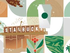 an illustration of starbucks coffee and its logo on the side of a building with palm trees in the foreground