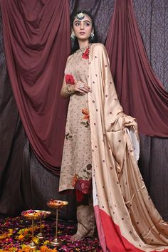 Greige kurta with floral printed base highlighted by mirrorwork, pearl and jewel embellishments. Comes with matching pant and dupatta. - Aza Fashions Beige Kurta, Kurta Pant Set, Kurta With Pants, Set For Women, Floral Printed, Aza Fashion, Pants Set, Embellishments, Floral Print