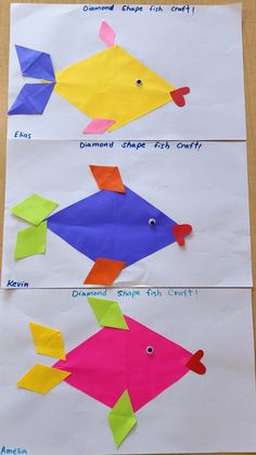 two paper fish cut out to look like they are made from construction paper and glue