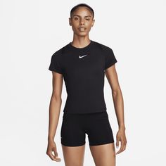 Take advantage of comfort and style as you sport this slim-fitting top. Sweat-wicking tech helps keep you dry while mesh panels at the collarbone offer extra airflow. Made for all of your stances, the high neckline and lightweight, stretchy fabric help keep you covered and free to make all the dynamic moves you need to. Nike Moisture-wicking Short Sleeve Activewear, Black Compressive Sporty T-shirt, Nike Technical Workout T-shirt, Nike Technical T-shirt For Workout, Nike Go-dry Short Sleeve Activewear, Nike Technical Breathable Tops, Nike Technical Go-dry Tops, Nike Functional Breathable Tops, Nike Short Sleeve Activewear For Training