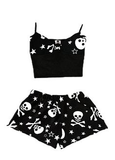 white and black fleece skull shorts and cami set handmade by me and made to order :) please message me if you need custom measurements! Pajama Short Set, Punk Style Outfits, Egirl Fashion, Pajama Short, Cute Pajamas, Mode Inspo, Goth Outfits, Really Cute Outfits, Short Pajama Set