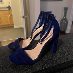 Brand New, Never Worn Purple/Blue Velvet Heels. Dark Blue Heels Prom, Quinceanera Shoes Heels, Navy Blue Quinceanera, Dark Blue Shoes, Dark Blue Heels, Navy Blue High Heels, Blue Velvet Heels, High Heels For Kids, Quinceanera Shoes