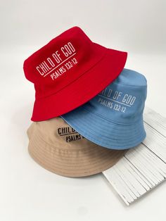 Our Child of God bucket hats are reversible and beautifully embroidered. The baby blue side of this hat features "Child of God", but flip it inside out for a black bucket hat that features "Praise The Most High". Easily pair this hat with your wardrobe and enjoy for the upcoming spring and summer months! *choose from 2 sizes: regular (58 cm) and large (60 cm) Letter Print Bucket Hat, Summer Hats Beach, Black Bucket Hat, Reversible Bucket Hat, Black Bucket, Child Of God, Star Children, Most High, Beach Hat