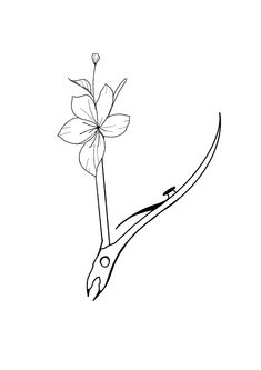 a black and white drawing of a flower on a pair of scissors