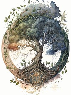 the tree of life is depicted in this watercolor painting