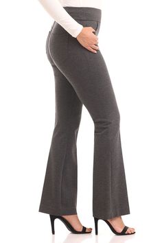 Secret Figure Pull-On Knit Bootcut 5 Pocket Pant – Rekucci Fall Workwear Bottoms With Standard Cut Leg, Fitted Mid-rise Work Pants, Stretch Mid-rise Pants For Business Casual, Gray Stretch Straight Leg Pants, Gray Stretch Straight Leg Dress Pants, Fitted Straight Leg Yoga Pants For Fall, Stretch Wide-leg Yoga Pants For Workwear, Stretch Wide Leg Yoga Pants For Work, Business Casual Mid-rise Stretch Pants