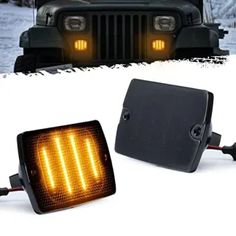 an image of a jeep with its lights on and the front grill light turned yellow