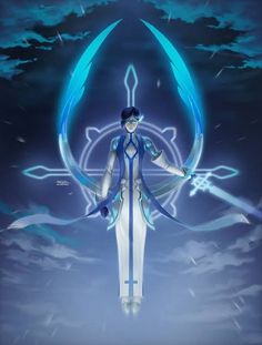 an anime character standing in front of a blue sky with clouds and lightnings on it