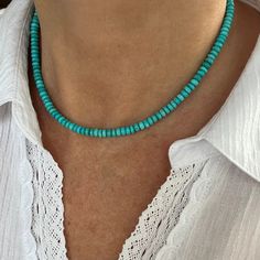 "This simple yet stunning necklace is made with 5mm genuine Rondelle shape turquoise gemstones from Arizona, U.S.A.  The modern minimalist look and feel of this piece in an inspiration of the old southwest where the native inhabitants wore similar necklaces over the millennia.  The turquoise gemstones display beautiful shades of aqua blue with a hint of green highlights. They have a superior polish and are calibrated to be uniform in size and fit. - Not dyed, treated or color enhanced. 100% natu Genuine Turquoise Jewelry, Layering Jewelry, Green Highlights, Gemstone Choker, Layered Chokers, Necklace Extender, Healing Necklace, Arizona Turquoise, Layered Jewelry