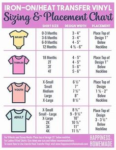 the iron - on heat transferer vinyl sewing and placement chart