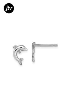 Rhodium over 10k white gold mini jumping dolphin stud earrings. Measure approximately 3/8"L x 1/4"W and have push backings. Jumping Dolphin, 10k Gold, Dolphins, White Gold, Stud Earrings, Gold, White