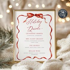 a holiday dinner menu with red bows on it