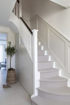 a white staircase leading up to a living room with a potted plant on the floor