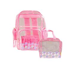 Full size clear backpack and matching lunch bag. Backpack is 17" high, 12" wide, 4 " deep. Back To School Bag With Clear Strap, Pink Backpack With Clear Strap For Everyday Use, Pink School Backpack With Clear Strap, Back To School Bags With Clear Strap For Students, Student Bags With Clear Strap For Back To School, Clear Backpack For Daily Use And Back To School, Back To School Backpack With Clear Strap, Back To School Clear Backpack, Clear Backpack For Back To School